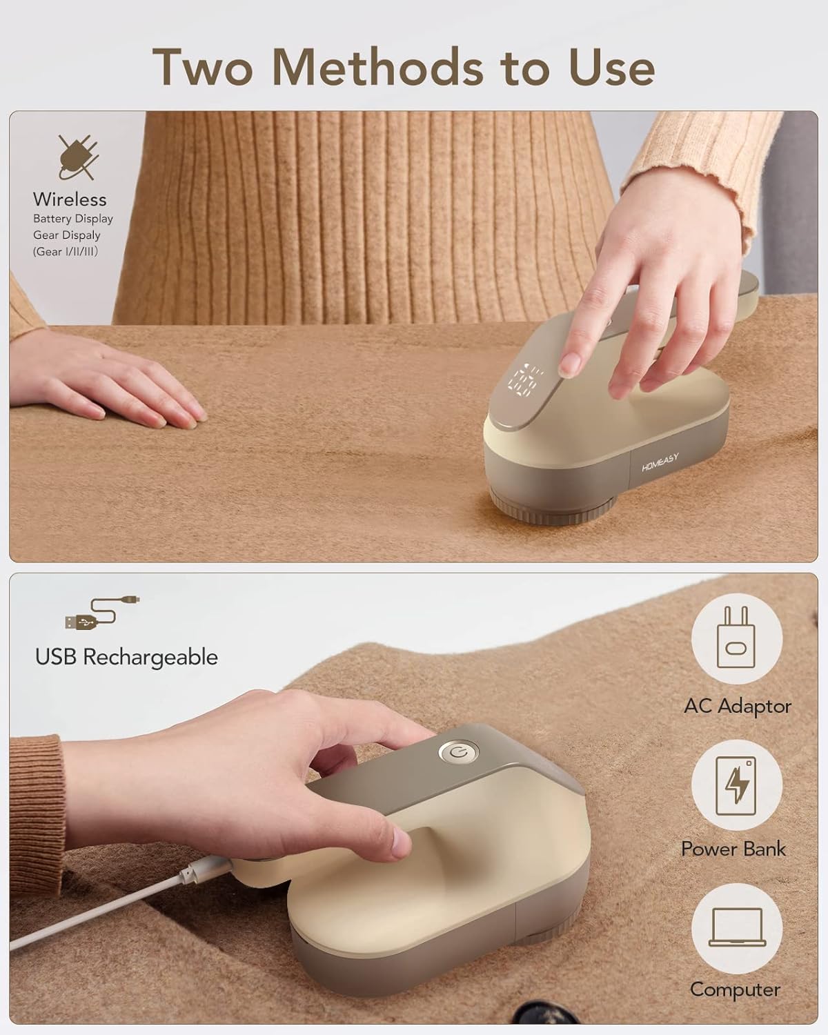 Fabric Shaver Fuzz Remover, HOMEASY Electric Lint Shaver Remover with LED Digital Display & 3 Blades, Rechargeable Sweater Couch Fabric Lint Pill Shaver for Clothes, Furniture, Carpet, Champagne