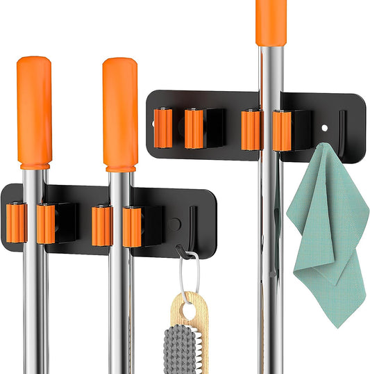 Mop Broom Holder Wall Mounted SUS304 Stainless Steel, HOMEASY Mop Broom Organizer with 2 Installation Methods (No Drilling & Screw Drilling Installation 2 In 1), Mop Hanger Heavy Duty with Hooks, 2PCS (Orange)