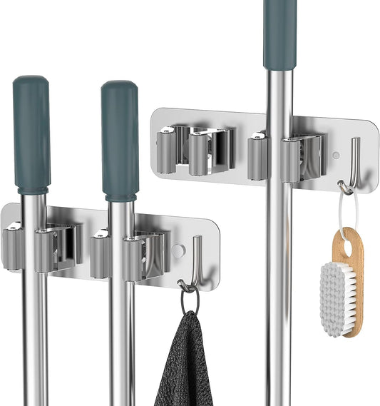 Mop Broom Holder Wall Mounted SUS304 Stainless Steel, HOMEASY Mop Broom Organizer with 2 Installation Methods (No Drilling & Screw Drilling Installation 2 In 1), Mop Hanger Heavy Duty with Hooks, 2PCS (Silver)