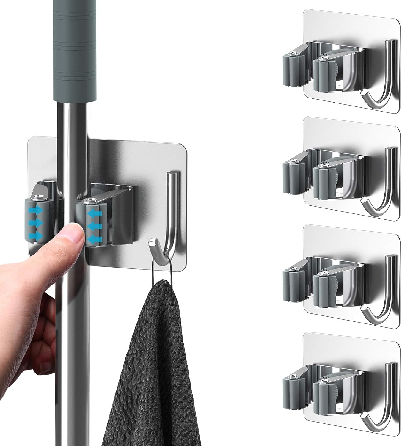 HOMEASY Mop Broom Holder No Drill SUS304 Stainless Steel, Mop Broom Organizer Wall Mounted Heavy Duty with Hooks Hanger, Storage Rack Self Adhesive 4Pcs for Bathroom, Kitchen, Office, Silver