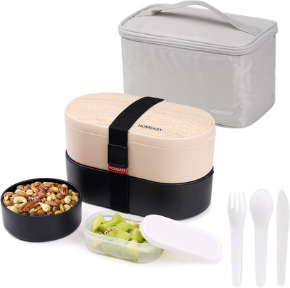 homeasy Bento Box for Adults Students, BPA Free Plastic Bento Lunch Boxes Rectangle Food Grade Lunch Containers with Cutlery Set and 2 Sauce Pot, 2-Tier Leak-Proof, 1200 ML(Black with Bag)