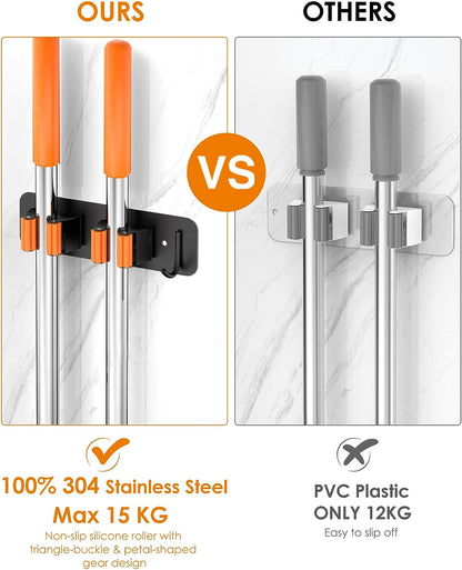 Mop Broom Holder Wall Mounted SUS304 Stainless Steel, HOMEASY Mop Broom Organizer with 2 Installation Methods (No Drilling & Screw Drilling Installation 2 In 1), Mop Hanger Heavy Duty with Hooks, 2PCS (Orange)