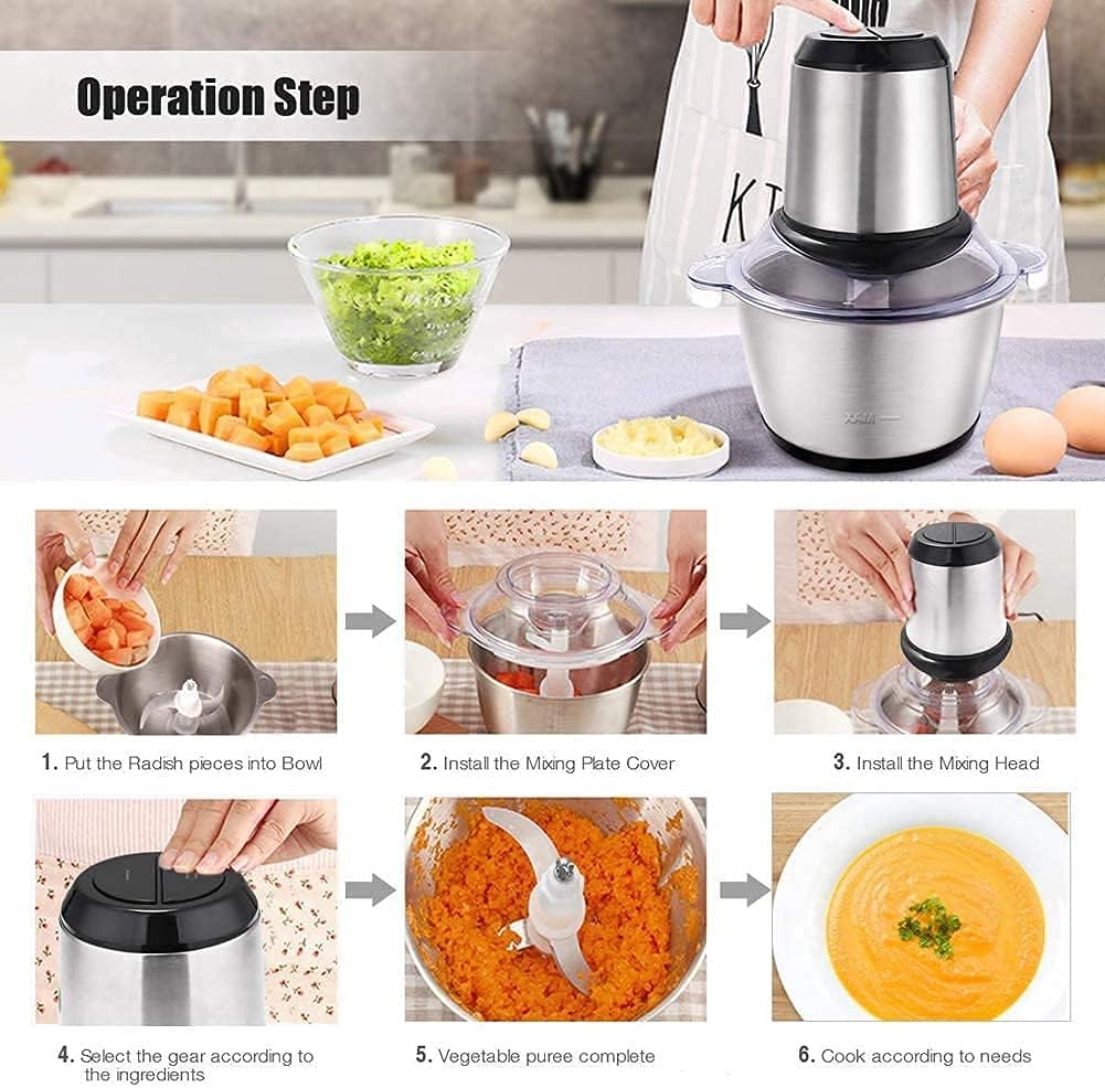 HOMEASY Meat Grinder Electric, Food Processor 2L Stainless Steel Meat Blender Food Chopper for Meat, Vegetables, Fruits and Nuts with 4 Sharp Blades, 350W, 8 Cups, 110V