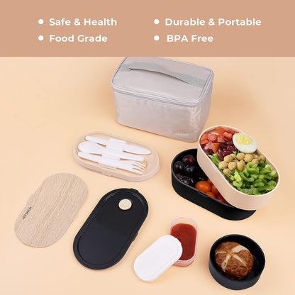 homeasy Bento Box for Adults Students, BPA Free Plastic Bento Lunch Boxes Rectangle Food Grade Lunch Containers with Cutlery Set and 2 Sauce Pot, 2-Tier Leak-Proof, 1200 ML(Black with Bag)