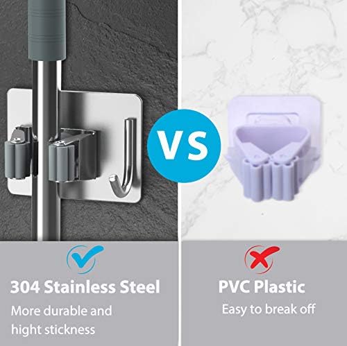 HOMEASY Mop Broom Holder No Drill SUS304 Stainless Steel, Mop Broom Organizer Wall Mounted Heavy Duty with Hooks Hanger, Storage Rack Self Adhesive 4Pcs for Bathroom, Kitchen, Office, Silver