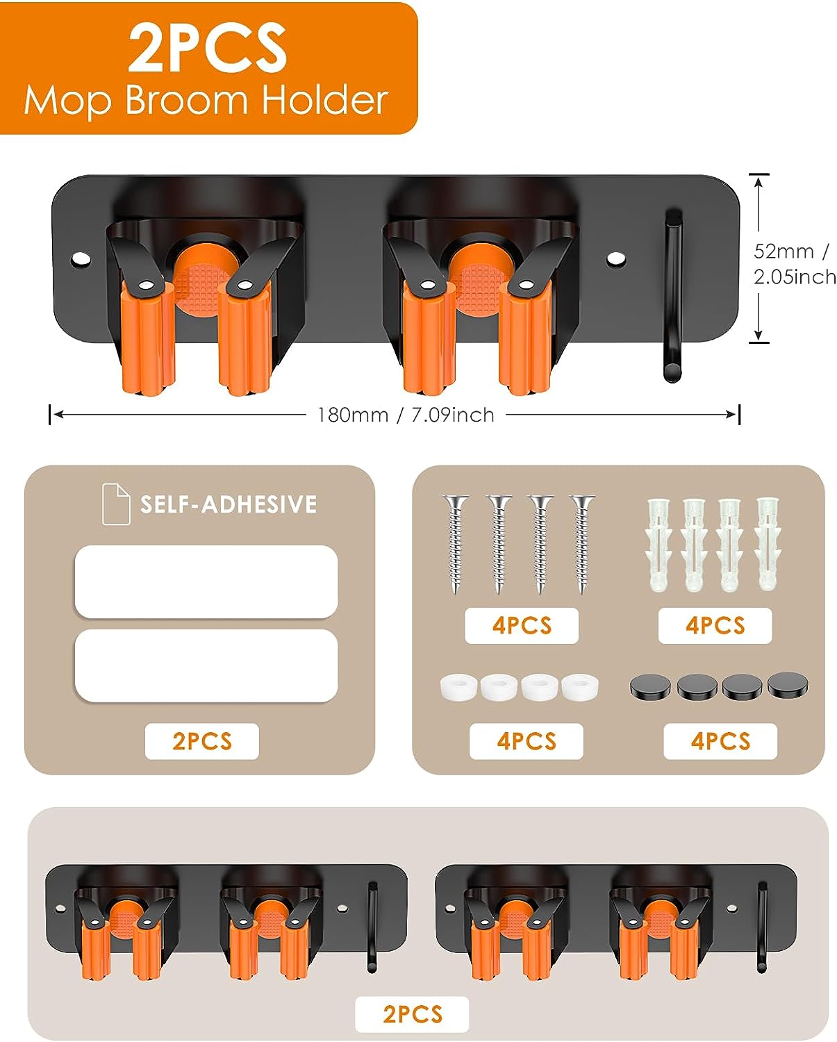 Mop Broom Holder Wall Mounted SUS304 Stainless Steel, HOMEASY Mop Broom Organizer with 2 Installation Methods (No Drilling & Screw Drilling Installation 2 In 1), Mop Hanger Heavy Duty with Hooks, 2PCS (Orange)