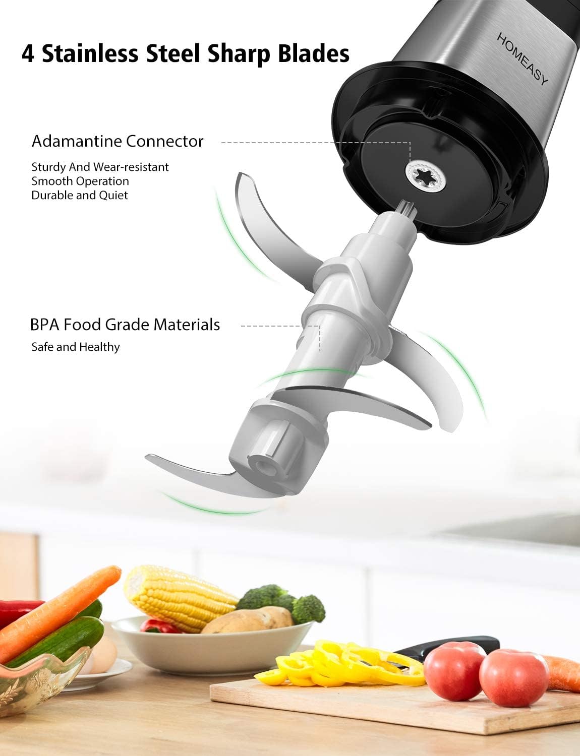 Meat Grinder Electric 2.5L, HOMEASY Food Processor Stainless Steel Meat Blender Food Chopper for Meat, Vegetables, Fruits and Nuts with 4 Large Sharp Blades, 500W