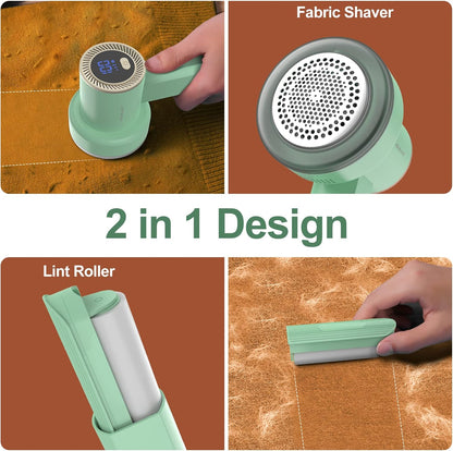 Fabric Shaver Fuzz Remover Rechargeable, HOMEASY Electric Lint Remover Shaver with 3 Blades & LED Digital Display, Sweater Couch Fabric Pill Shaver for Sweater, Couch, Clothes, Carpet, Furniture, Green