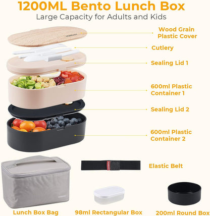 homeasy Bento Box for Adults Students, BPA Free Plastic Bento Lunch Boxes Rectangle Food Grade Lunch Containers with Cutlery Set and 2 Sauce Pot, 2-Tier Leak-Proof, 1200 ML(Black with Bag)