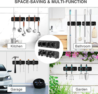 Mop Broom Holder Wall Mounted SUS304 Stainless Steel, HOMEASY Mop Broom Organizer with 2 Installation Methods (No Drilling & Screw Drilling Installation 2 In 1), Mop Hanger Heavy Duty with Hooks, 2PCS (Black)